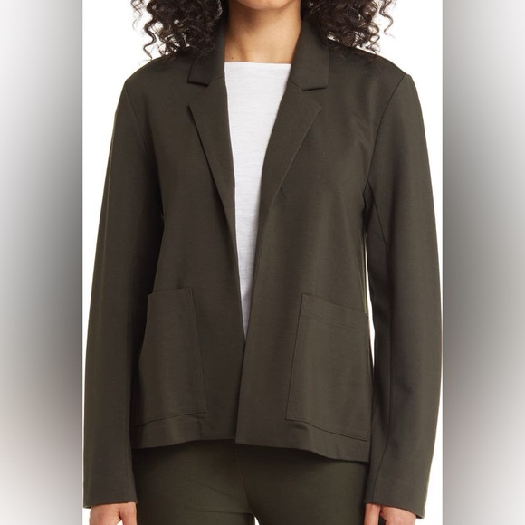 Eileen Fisher Dark Olive Notched Lapel Ponte Open Front Sustainable Blazer XS - Picture 1 of 8